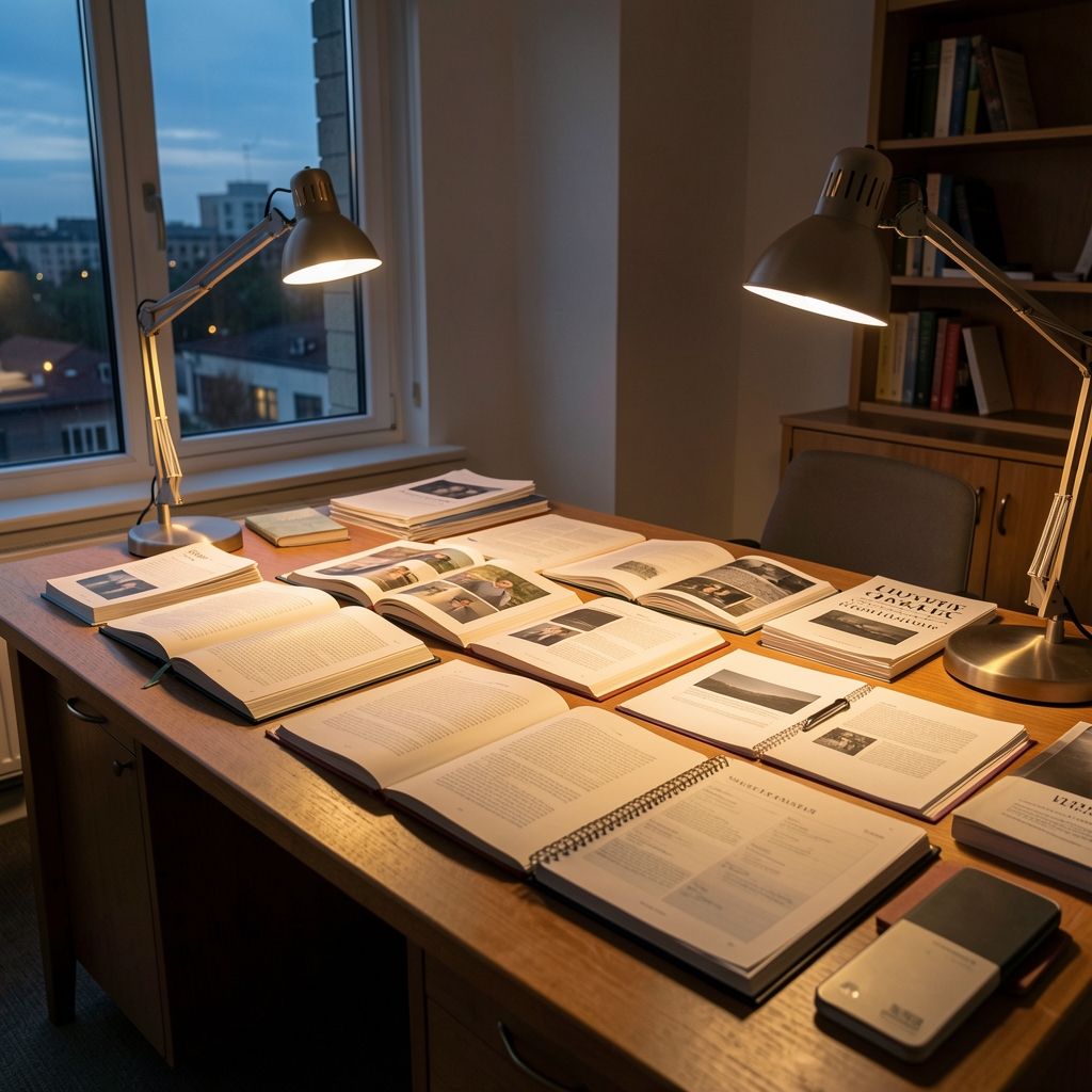 Editorial office interior at dusk, a wide wooden desk covered with open journals, printed reference pages, and a reading lamp casting warm amber light across neatly arranged papers