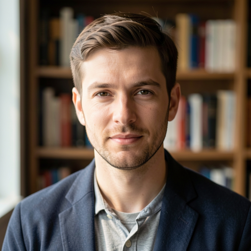 Portrait of a man with short brown hair in a quiet room with bookshelves in background, soft window light falling across his face, relaxed and attentive expression