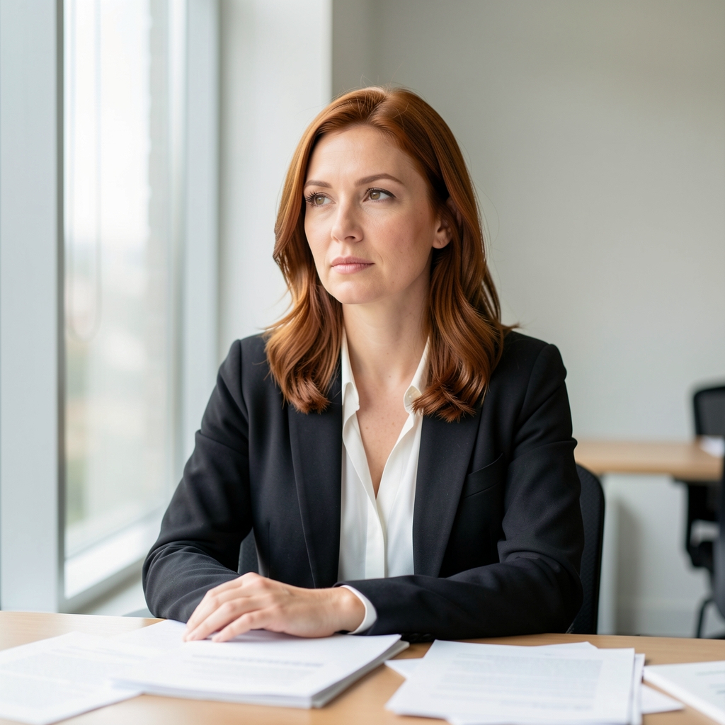 Portrait of a woman with auburn hair seated by a tall window in a bright minimal office space, papers spread on table in front of her, thoughtful expression in natural light