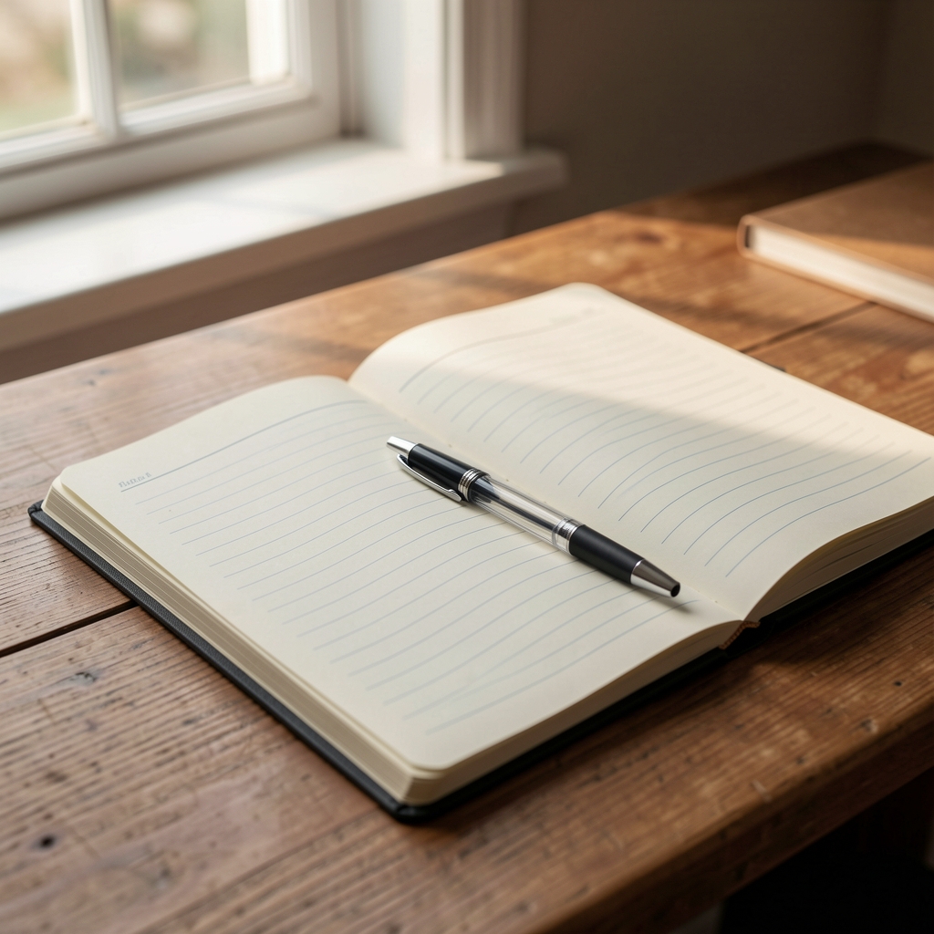 Close-up of an open notebook with handwritten observations on a worn wooden desk, a ruler and reading glasses resting beside it under warm morning window light
