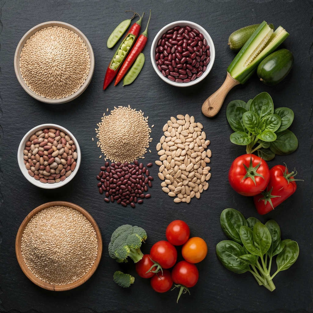 Overhead flat-lay photograph of whole grains, lentils, sliced vegetables and fresh herbs arranged methodically on a dark slate surface under controlled studio lighting