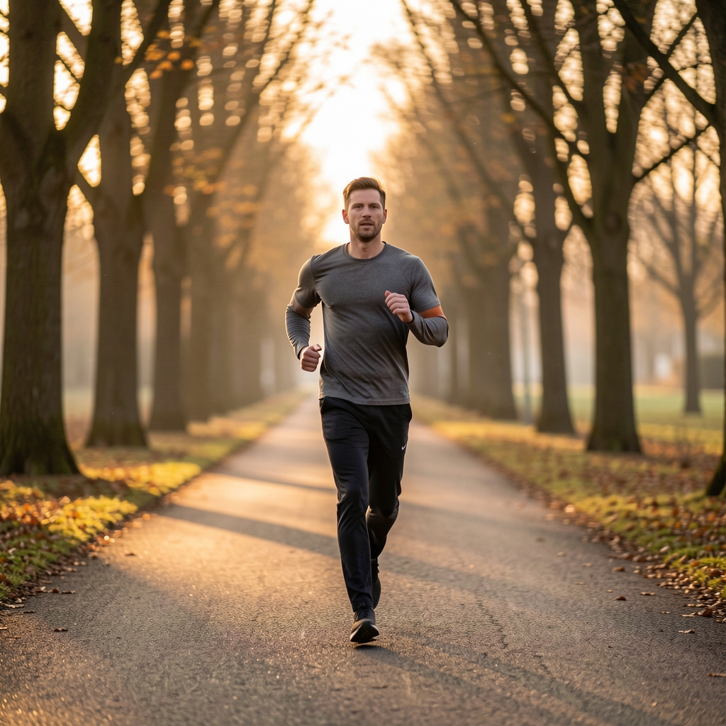 Person in motion along a quiet tree-lined urban path at dawn, captured mid-stride with softly blurred background conveying purposeful early morning movement and deliberate routine