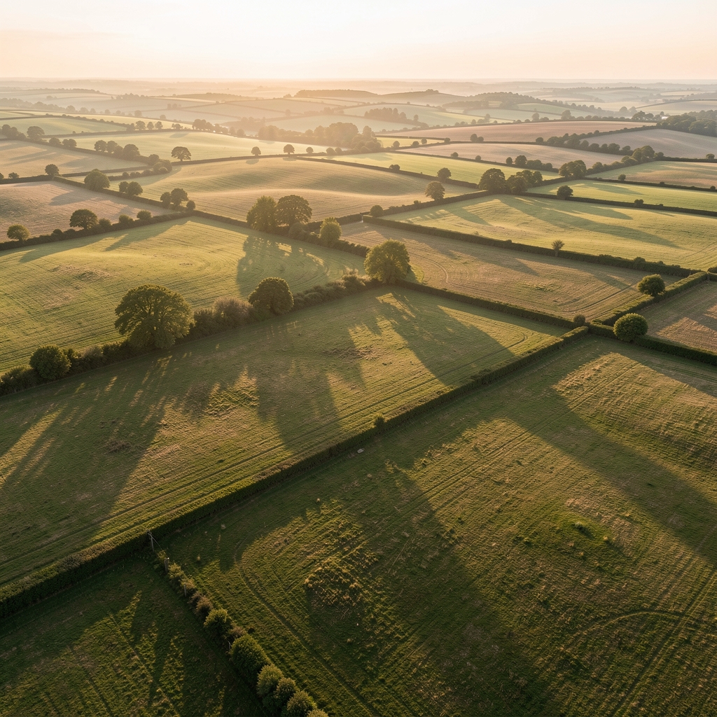 Wide aerial view of a quiet English countryside landscape at dawn, rolling fields bathed in soft golden light, hedgerows casting long shadows across open farmland
